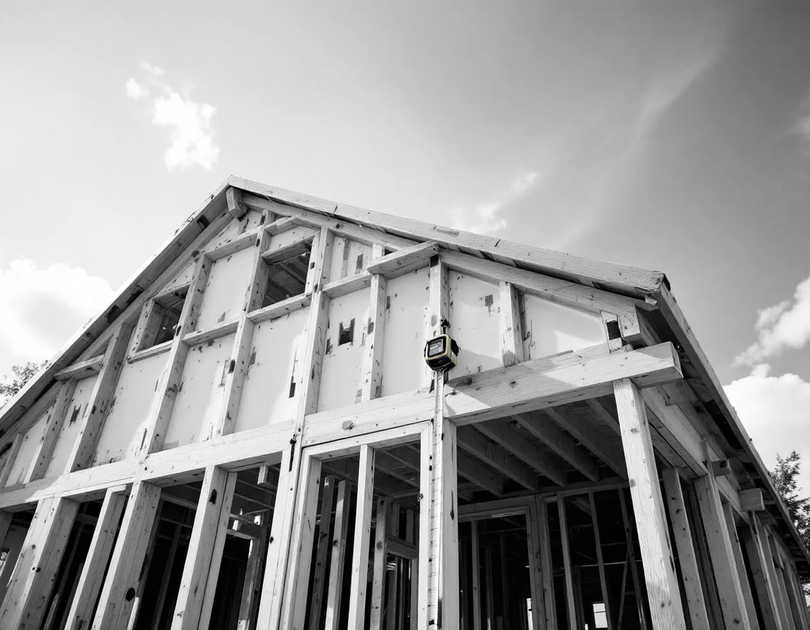 Wood framing of a house addition against the sky