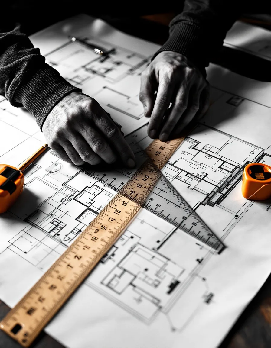 A drafter's hands laying an architect's scale ruler over a half-drawn floor plan on vellum