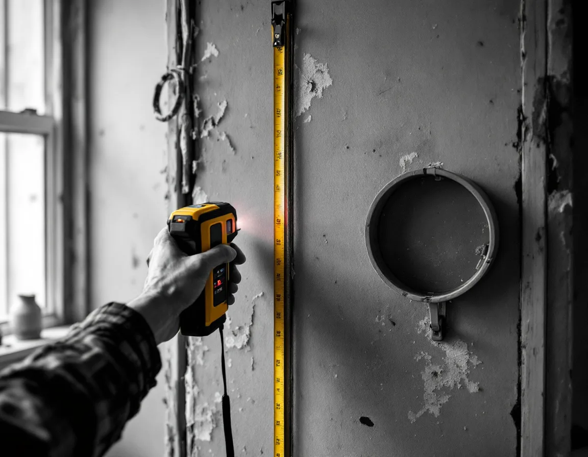 A hand holding a laser measure against a bare stud wall in a kitchen being renovated